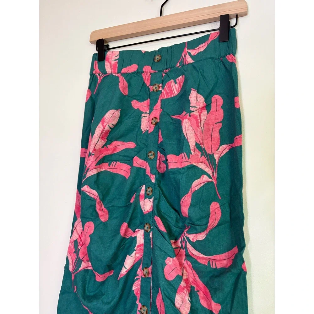 Colleen Lopez XS Skirt Green Pink Leaf Print Button Front Midi Ruched - Picture 3 of 7